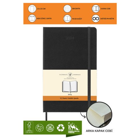 Victoria\'s Journals Classic 2024 Sert Kapak Günlük Ajanda 13X21 Siyah 123-9169