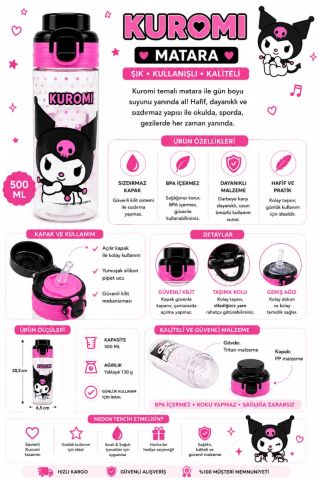 Kuromi Çocuk Matara Suluk 500 ML Siyah Pembe