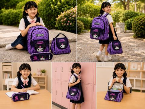 Kuromi 3’lü Okul Çanta Seti | Sırt Çantası - Beslenme Çantası - Kalemlik