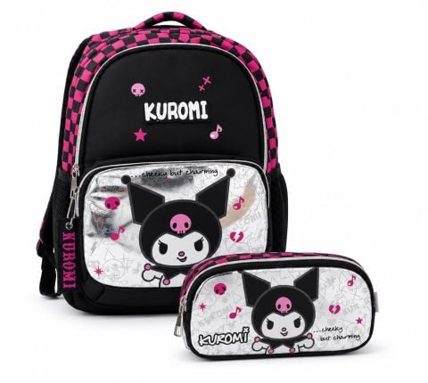 Kuromi Okul Çantası ve Kalemlik Seti 2'li Siyah Pembe