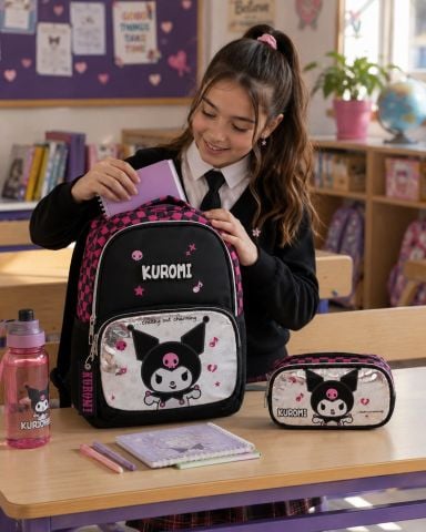 Kuromi Okul Çantası ve Kalemlik Seti 2'li Siyah Pembe
