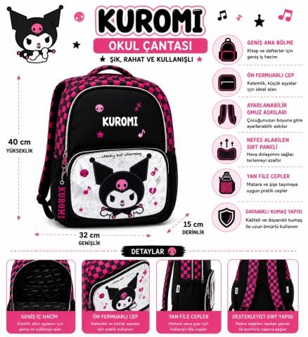 Kuromi Okul Sırt Çantası Siyah Pembe
