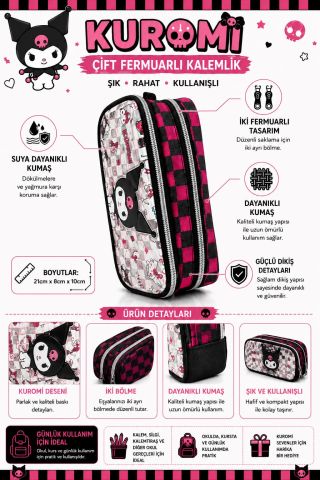 Kuromi Çift Bölmeli Kalemlik Siyah Pembe