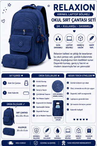Relaxion Kırinkıl Kumaş Laptop Bölmeli Okul Sırt Çantası Seti Lacivert 1620