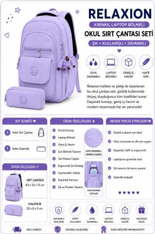 Relaxion Kırinkıl Kumaş Laptop Bölmeli Okul Sırt Çantası Seti Lila 1620