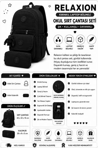 Relaxion Kırinkıl Kumaş Laptop Bölmeli Okul Sırt Çantası Seti Siyah 1620