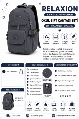Relaxion Laptop Bölmeli Okul Sırt Çantası Koyu Gri 1620