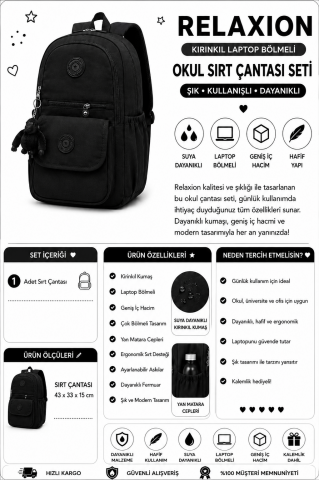Relaxion Laptop Bölmeli Okul Sırt Çantası Siyah 1620