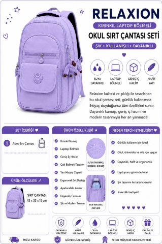 Relaxion Laptop Bölmeli Okul Sırt Çantası Lila 1620