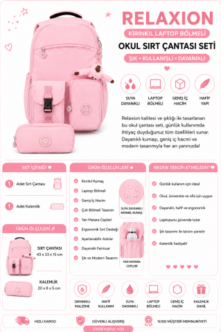 Relaxion Pembe Laptop Bölmeli Okul Sırt Çantası Seti 1635