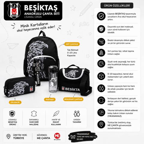 Beşiktaş Lisanslı Anaokulu Çanta Seti 4'lü Kartal Desenli