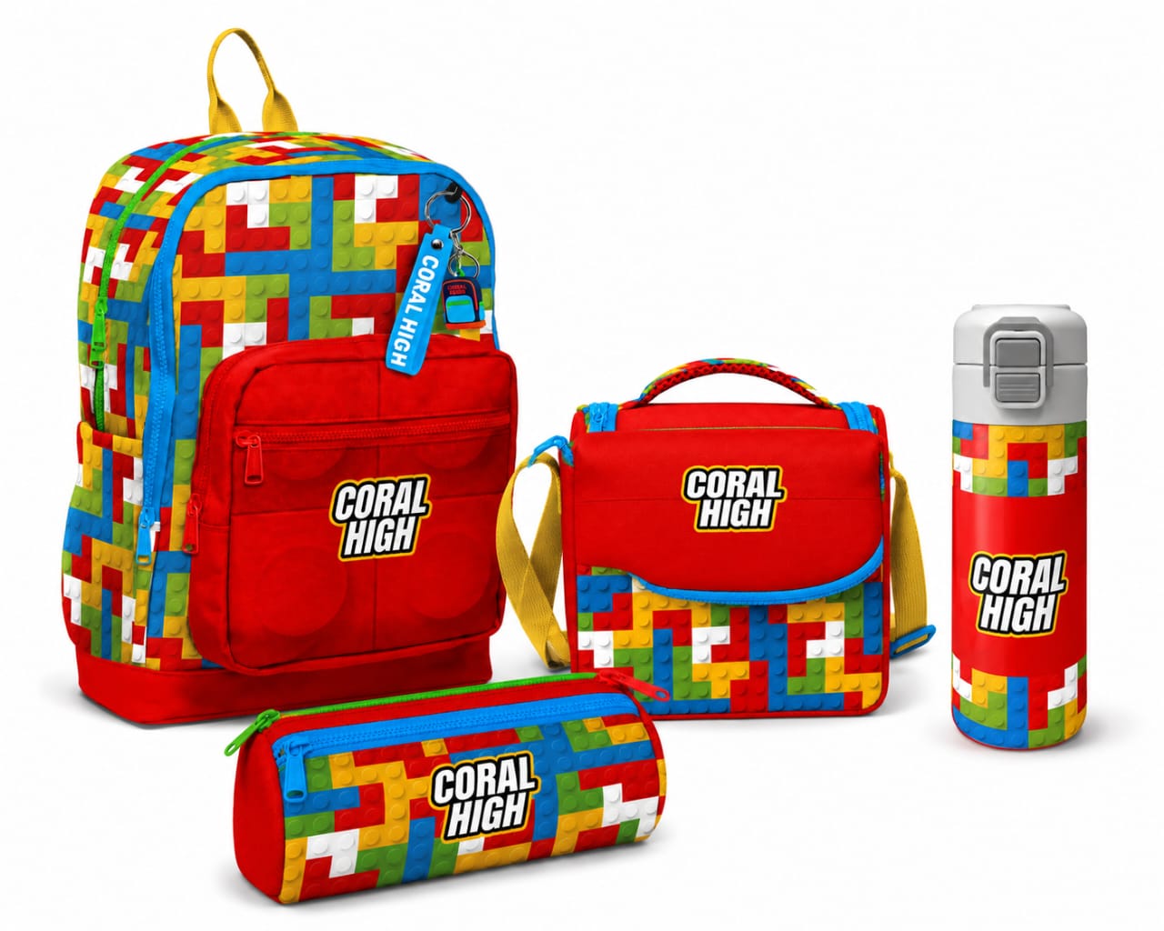 Coral High Kids Renkli Blok Desenli 4'lü Okul Seti