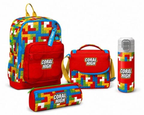 Coral High Kids Renkli Blok Desenli 4'lü Okul Seti
