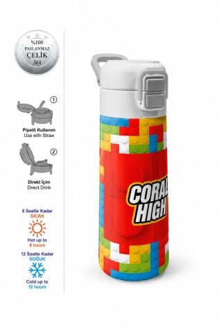 Coral High Kids Renkli Blok Desenli Çelik Matara